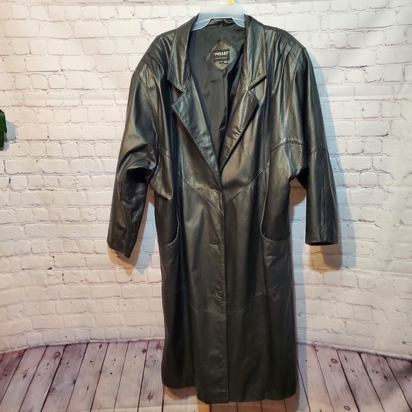 Pelle Jackets & Blazers - VINTAGE 80s LEATHER PELLE BLACK TRENCH COAT